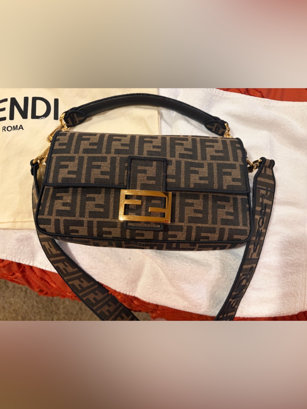 Fendi Brown and Black FF Logo Baguette Shoulder Bag with Gold Hardware